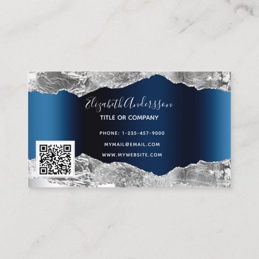 Silver navy blue metal agate marble QR code Visitekaartje (Achterkant)