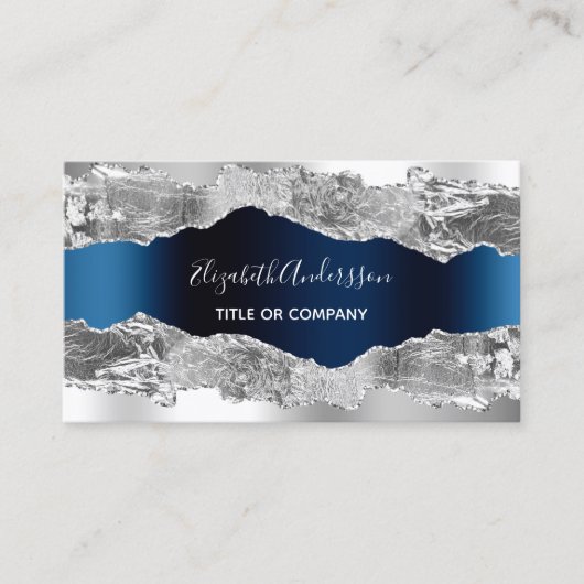 Silver navy blue metal agate marble QR code Visitekaartje (Voorkant)