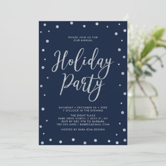 Silver & Navy Blue Modern Confetti Holiday Party Kaart (Staand voorkant)