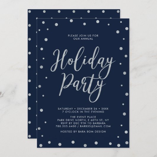 Silver & Navy Blue Modern Confetti Holiday Party Kaart (Voorkant / Achterkant)