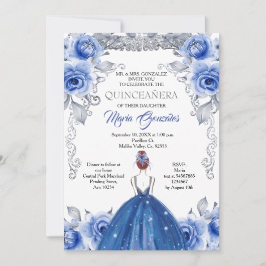 Silver Navy Blue Quinceanera Kaart (Voorkant)