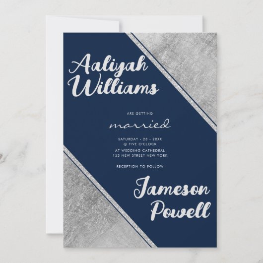 Silver navy blue script kalligrafie bruiloft kaart (Voorkant)