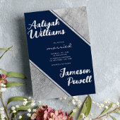 Silver navy blue script kalligrafie bruiloft kaart