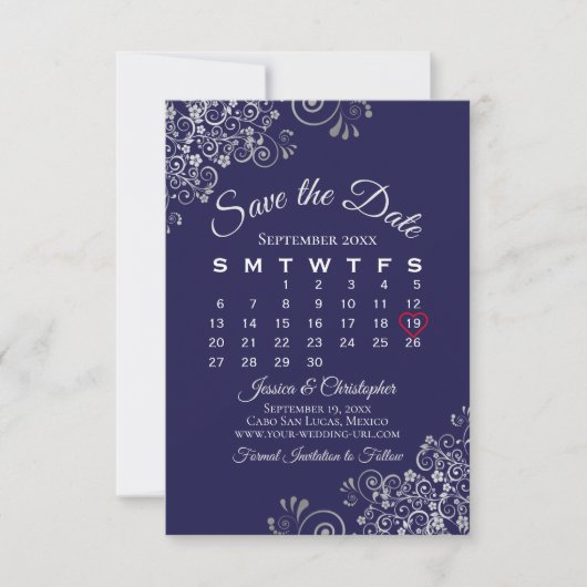 Silver & Navy Blue Simple Elegant Wedding Calendar Save The Date (Voorkant)