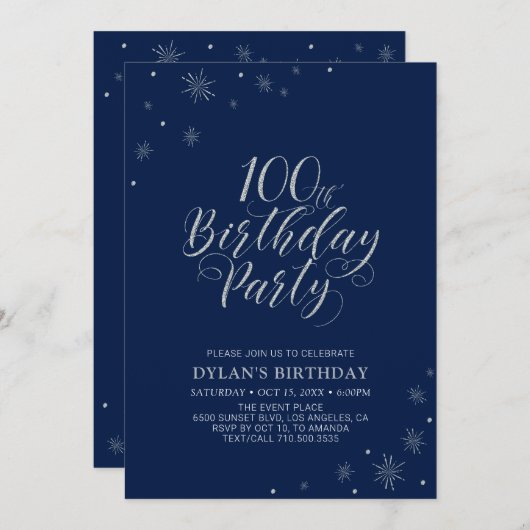 Silver & Navy Blue Sparkle 100ste verjaardagsfeest Kaart (Voorkant / Achterkant)