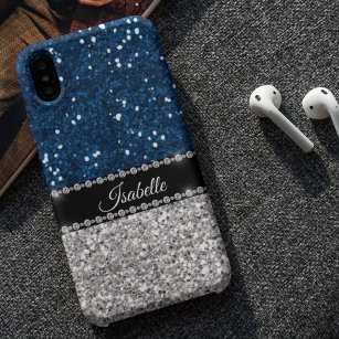 Silver Navy BLue Sparkle Glam Bling Personalized Case-Mate iPhone 14 Pro Max Hoesje