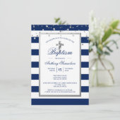 Silver Navy Blue Stripes Baptism Christening Boy Kaart (Staand voorkant)