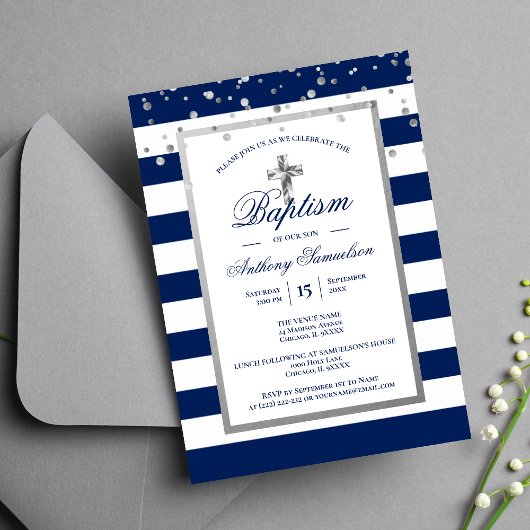 Silver Navy Blue Stripes Baptism Christening Boy Kaart