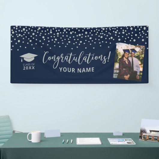 Silver & Navy Confetti - Gefeliciteerd Afstuderen Spandoek (Beurs)