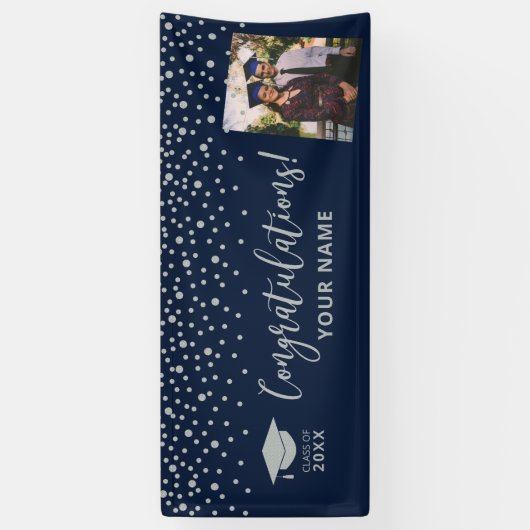 Silver & Navy Confetti - Gefeliciteerd Afstuderen Spandoek (Verticaal)