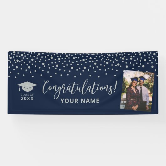 Silver & Navy Confetti - Gefeliciteerd Afstuderen Spandoek (Horizontaal)