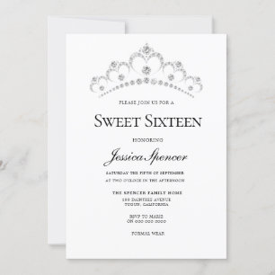 Silver & Navy Diamond Tiara Sweet 16 Party Invite Kaart