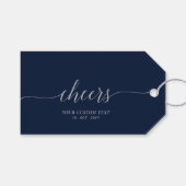 Silver & Navy Elegant Script Cheers Event Party Cadeaulabel (Voorkant (Horizontaal))