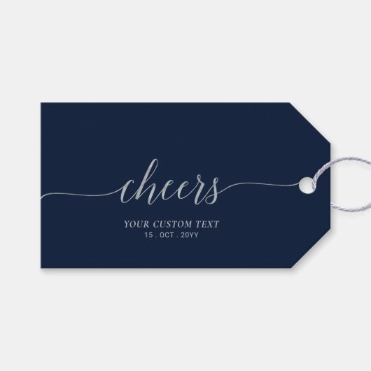 Silver & Navy Elegant Script Cheers Event Party Cadeaulabel (Voorkant (Horizontaal))