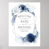 Silver Navy en Dusty Blue Floral Wedding Welcome Poster (Voorkant)
