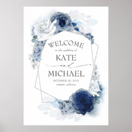 Silver Navy en Dusty Blue Floral Wedding Welcome Poster