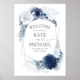 Silver Navy en Dusty Blue Floral Wedding Welcome Poster