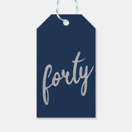 Silver Navy "Forty" 40 Verjaardagsfeestje Glitter Cadeaulabel (Voorkant)