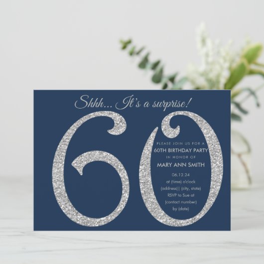 Silver Navy Glitter Surprise 60ste verjaardagsfees Kaart (Staand voorkant)