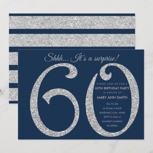 Silver Navy Glitter Surprise 60ste verjaardagsfees Kaart (Voorkant / Achterkant)