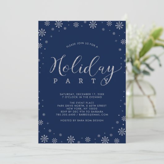 Silver & Navy | Moderne Snowflakes Holiday Kaart (Staand voorkant)