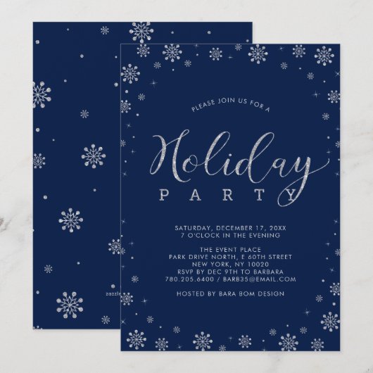 Silver & Navy | Moderne Snowflakes Holiday Kaart (Voorkant / Achterkant)
