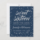 Silver Navy Sweet 16 Save Date Sparkle Confetti Save The Date (Voorkant)