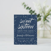 Silver Navy Sweet 16 Save Date Sparkle Confetti Save The Date (Staand voorkant)