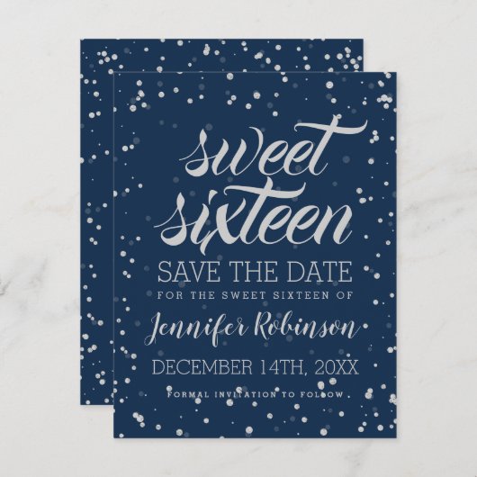 Silver Navy Sweet 16 Save Date Sparkle Confetti Save The Date (Voorkant / Achterkant)