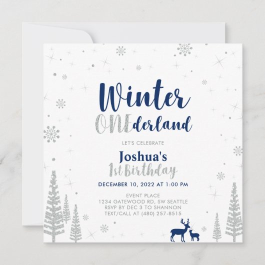 Silver & Navy Winter Onederland 1e verjaardag Kaart (Voorkant)