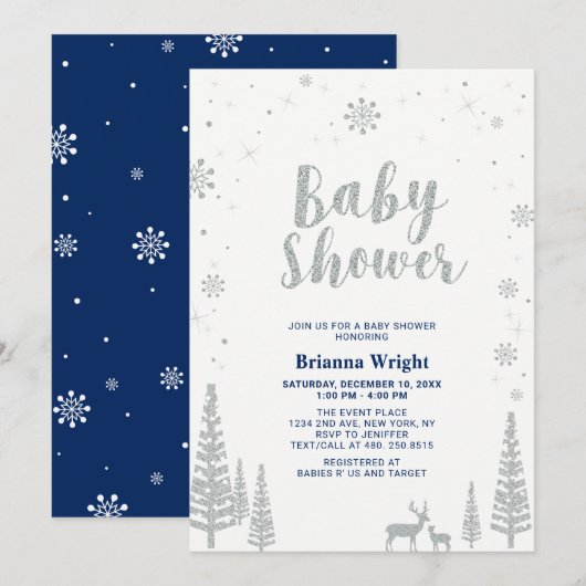 Silver & Navy Winter Wonderland Boy Baby shower Kaart (Voorkant / Achterkant)