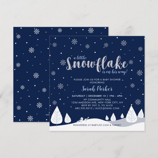 Silver & Navy Winter Wonderland Boy Baby shower Kaart (Voorkant / Achterkant)