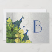 Silver Navy Yellow  Peacock Birdcage Invite Kaart (Achterkant)