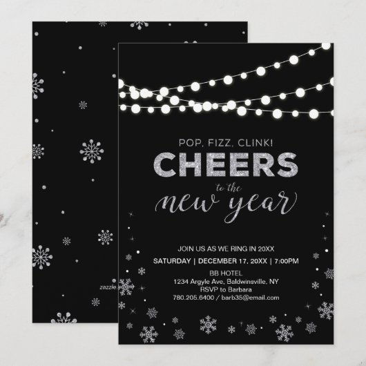 Silver New Years Eve Corporate Holidparty Kaart (Voorkant / Achterkant)