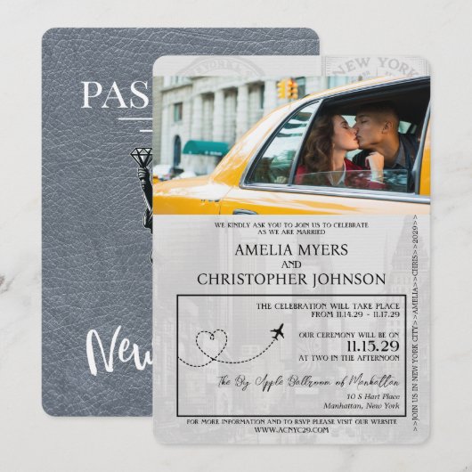 Silver New York City Passport Wedding Kaart (Voorkant / Achterkant)