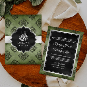 Silver Olive Green Black Damask Muslim Weduwen Kaart