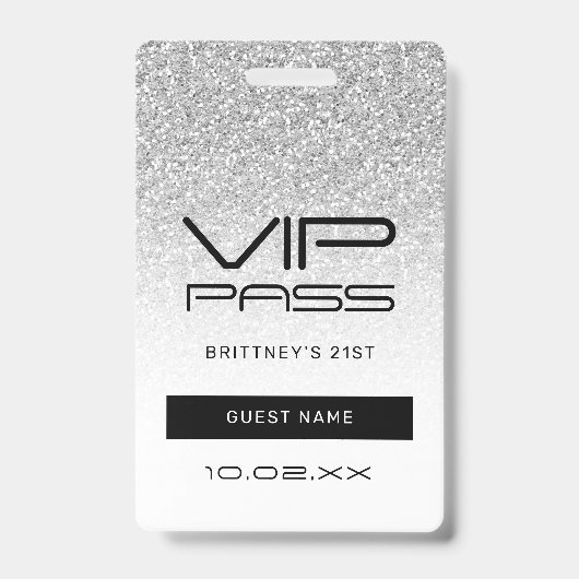 Silver Ombre Glitter Glam VIP Pass 21e uitnodiging Badge (Voorzijde)