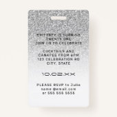 Silver Ombre Glitter Glam VIP Pass 21e uitnodiging Badge (Achterkant)