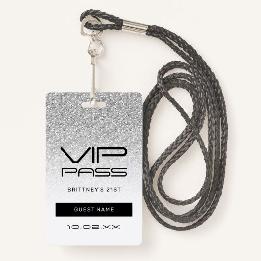 Silver Ombre Glitter Glam VIP Pass 21e uitnodiging Badge (Voorkant met draagriem)
