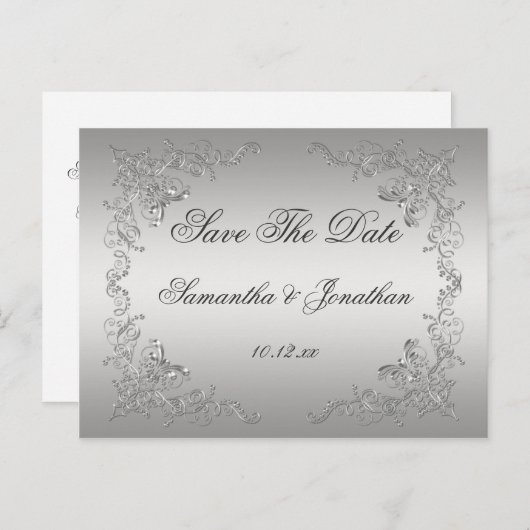 Silver Ombre  Silver Swirls Bewaar de datum Aankondigingskaart (Voorkant / Achterkant)