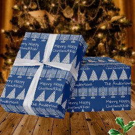 Silver On Blue Merry Happy Chrismukkah Holiday Cadeaupapier