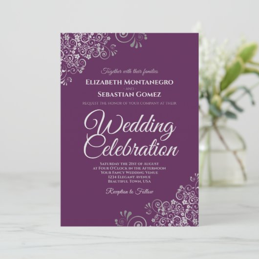 Silver on Plum Purple Simple Elegant Wedding Kaart (Staand voorkant)