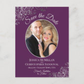 Silver on Plum Purple Wedding Save the Date Photo Aankondigingskaart (Voorkant)
