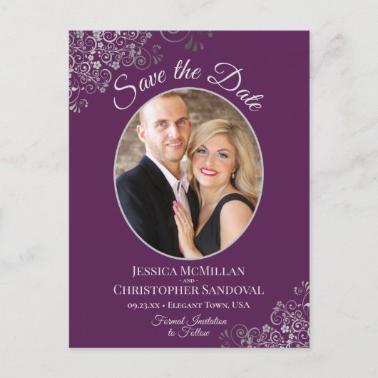 Silver on Plum Purple Wedding Save the Date Photo Aankondigingskaart (Voorkant)
