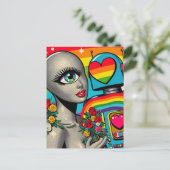 Silver One Eyed Alien verliefd op een robot Briefkaart (Staand voorkant)