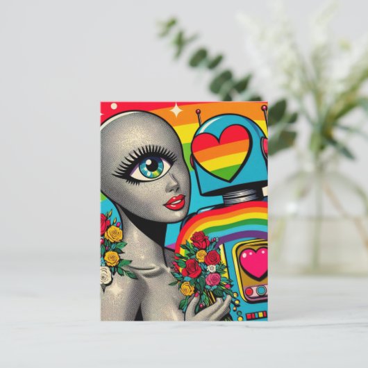 Silver One Eyed Alien verliefd op een robot Briefkaart (Staand voorkant)