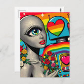 Silver One Eyed Alien verliefd op een robot Briefkaart (Voorkant / Achterkant)