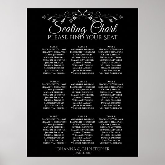 Silver op Black 9 Table Wedding Seating Chart Poster (Voorkant)
