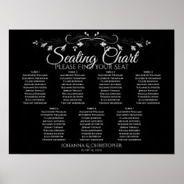 Silver op Black Chic 7 Table Wedding Seating Chart Poster