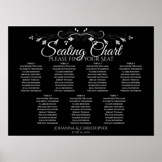 Silver op Black Chic 7 Table Wedding Seating Chart Poster (Voorkant)